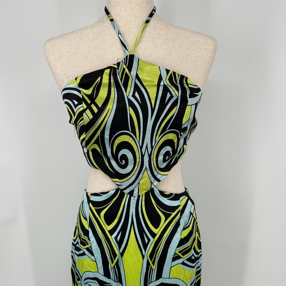 Topshop Abstract Green Blue Swirl Halter Side Cutout Dress Womens US Size 4 - Picture 10 of 12